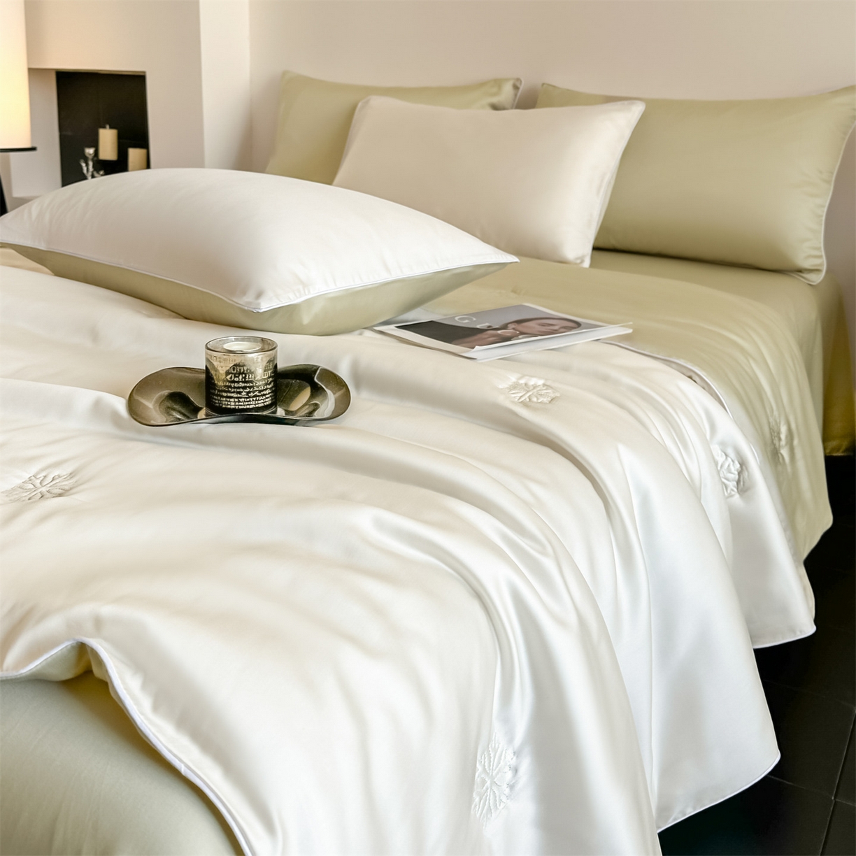 91家纺网 家纺一手货源 找家纺 无界 2026新款水洗真丝夏被-麻绳雪花绗缝-伊芙琳 伊芙琳 元气白桃+桉树绿