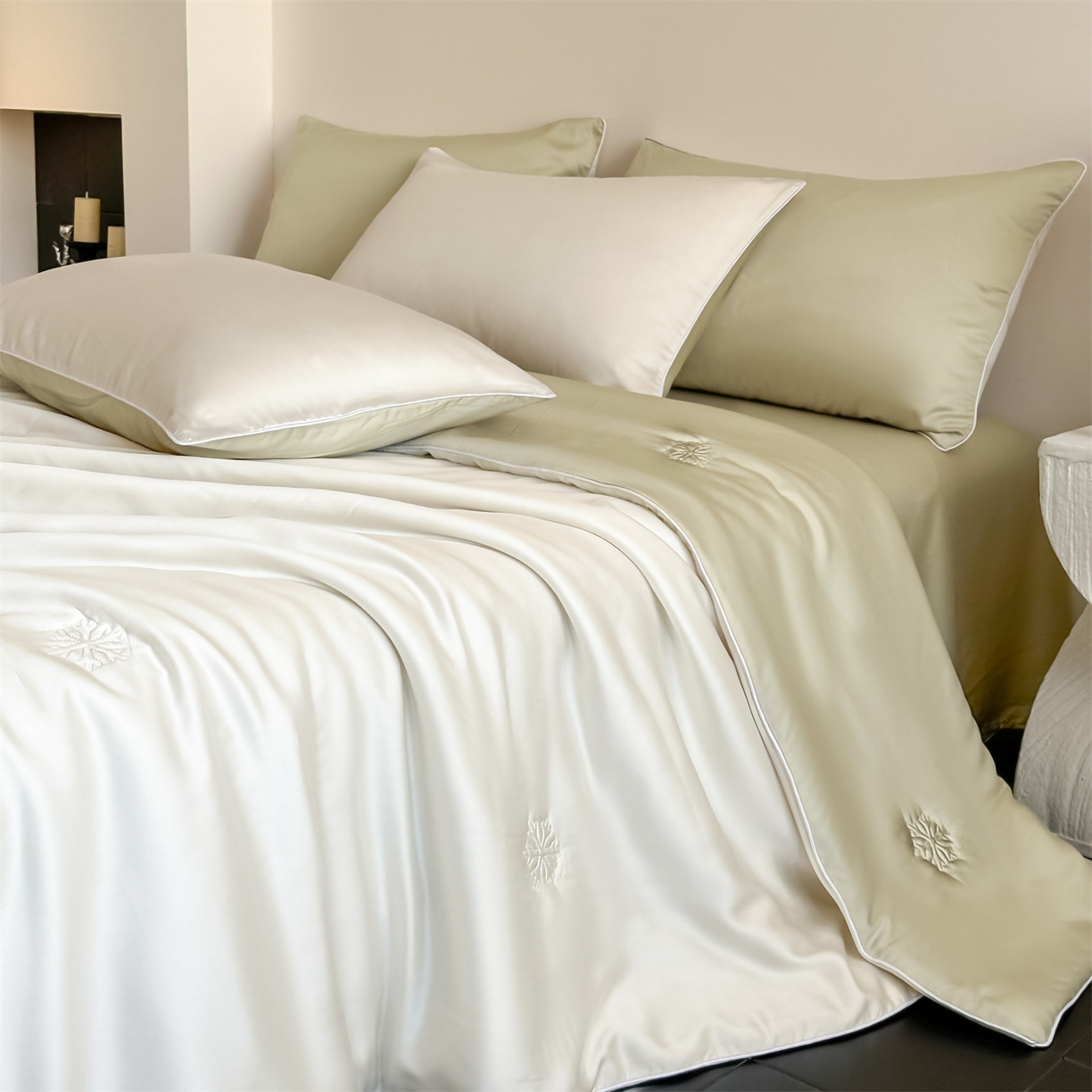 91家纺网 家纺一手货源 找家纺 无界 2026新款水洗真丝夏被-麻绳雪花绗缝-伊芙琳 伊芙琳 元气白桃+桉树绿