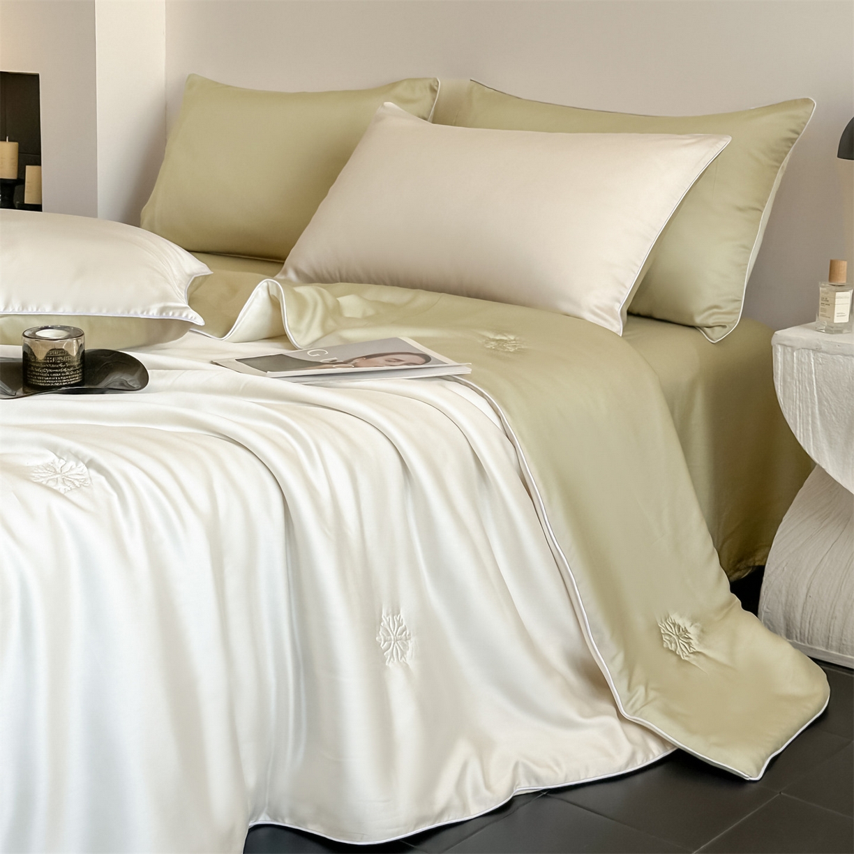 91家纺网 家纺一手货源 找家纺 无界 2026新款水洗真丝夏被-麻绳雪花绗缝-伊芙琳 伊芙琳 元气白桃+桉树绿