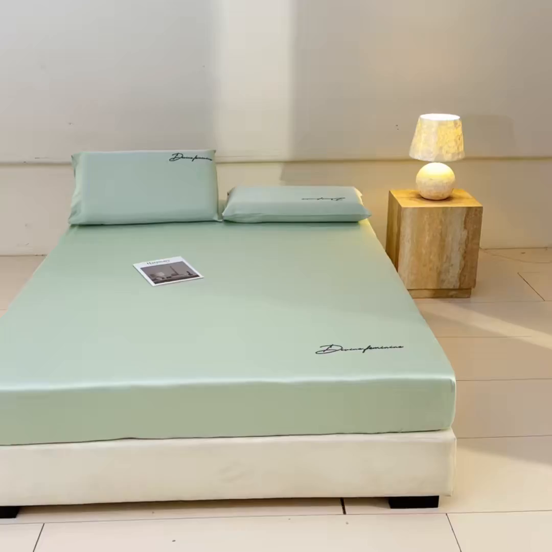 91家纺网 家纺一手货源 找家纺 DC 2026新款莱赛尔天丝轻奢刺绣单品床笠 亚丁绿