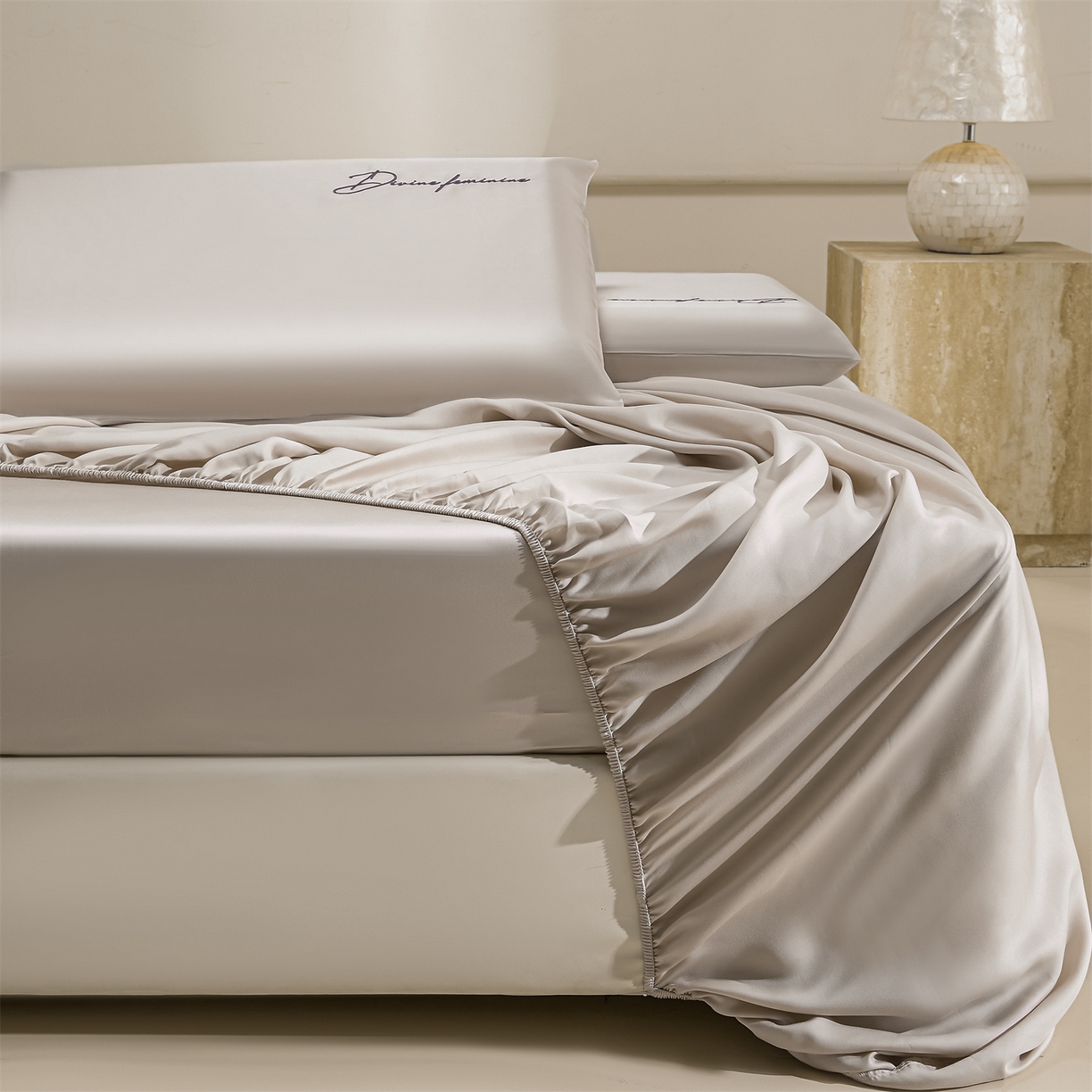 91家纺网 家纺一手货源 找家纺 DC 2026新款莱赛尔天丝轻奢刺绣单品床笠 浅茶