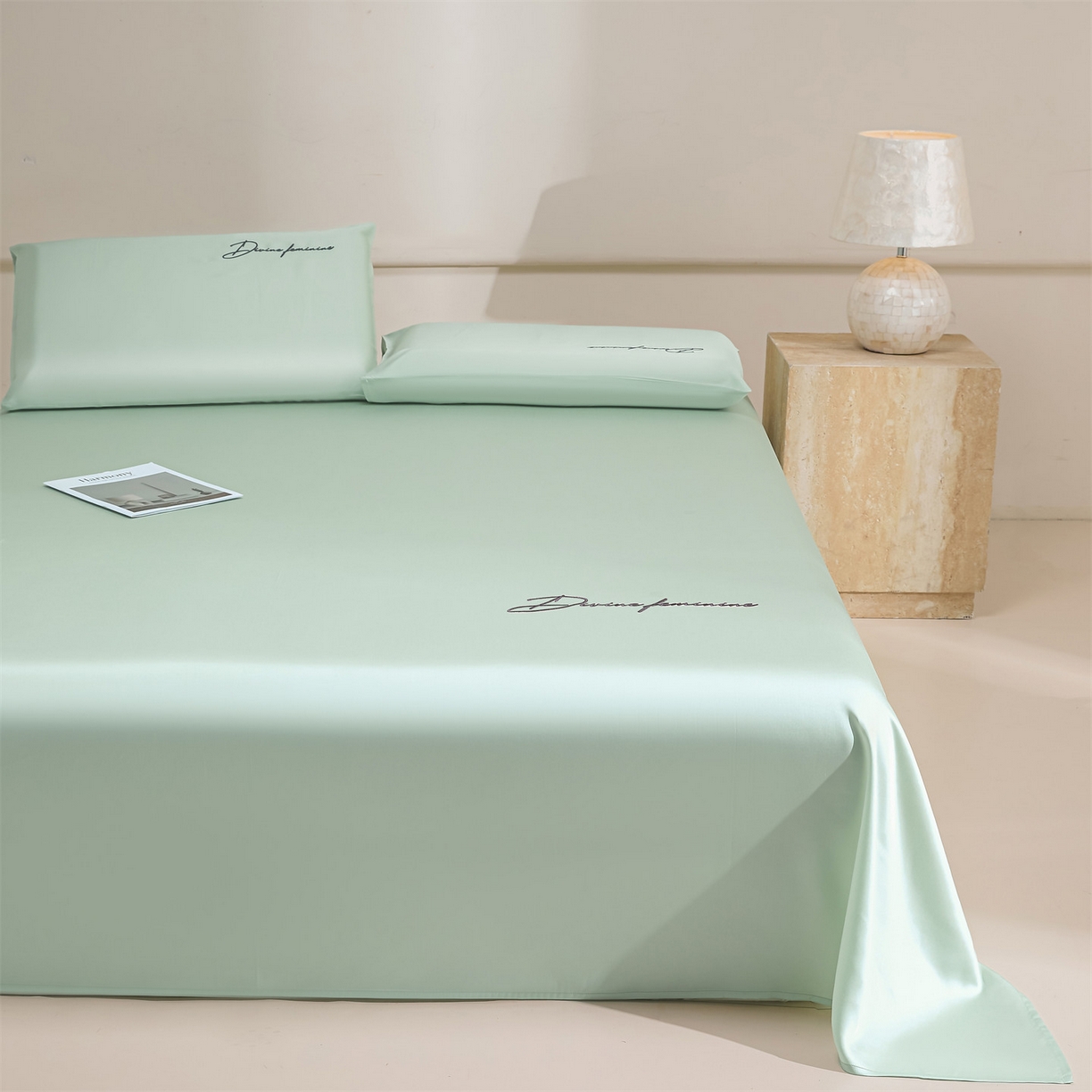 91家纺网 家纺一手货源 找家纺 DC 2026新款莱赛尔天丝轻奢刺绣单品床单 亚丁绿