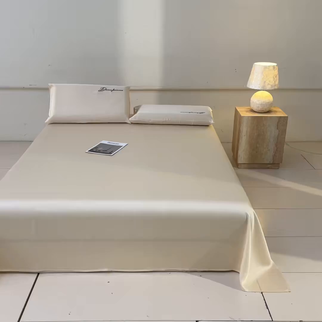 91家纺网 家纺一手货源 找家纺 DC 2026新款莱赛尔天丝轻奢刺绣单品床单 元气白桃