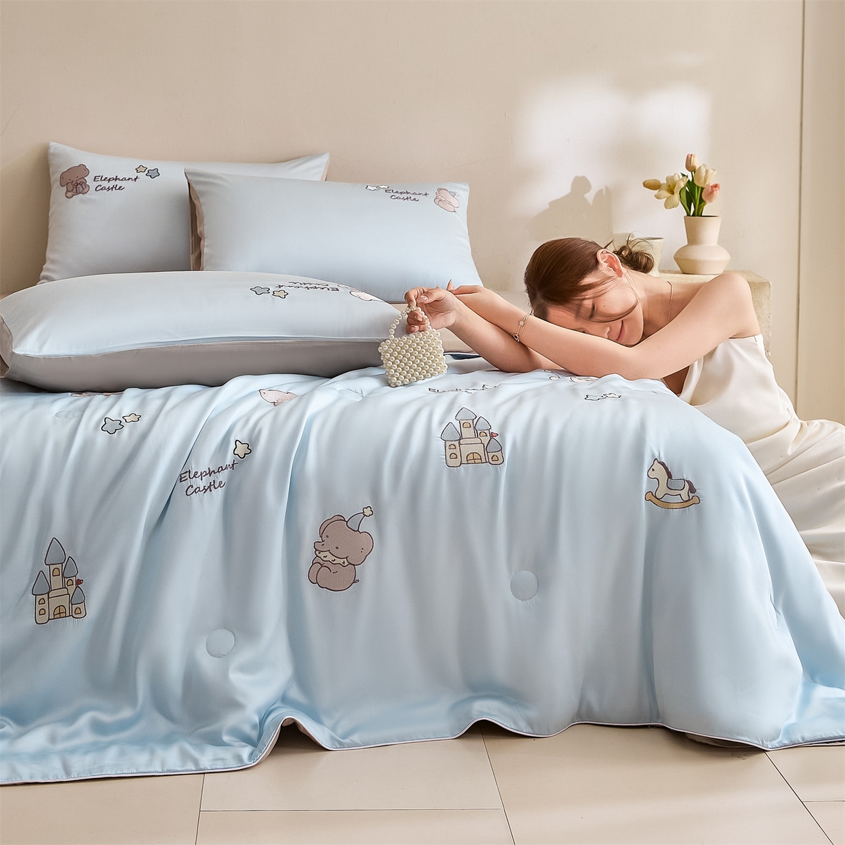 DC 2026新款A类兰精天丝麻绳平绣系列夏被四件套 婴儿蓝+冰川灰（小象城堡）