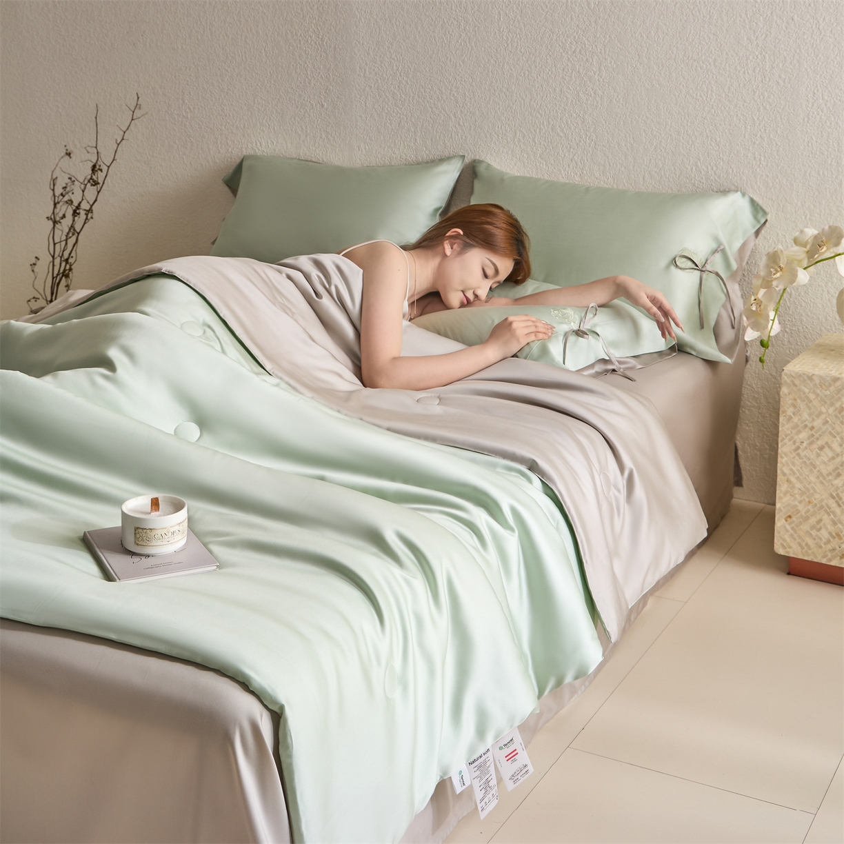 DC 2026新款A类兰精天丝玫瑰压线抽绳款夏被四件套--日落玫瑰系列 亚丁绿+冰川灰