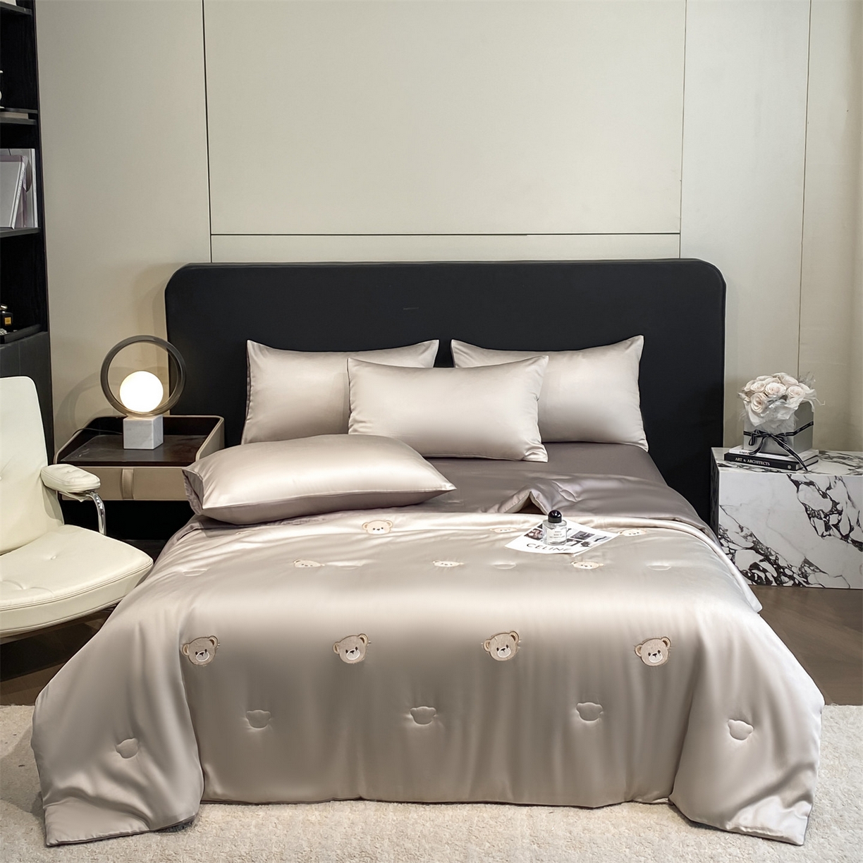 91家纺网 家纺一手货源 找家纺 无界 2026新款水洗真丝夏被-散点-贝尔 贝尔 冰川灰+中灰（小熊）