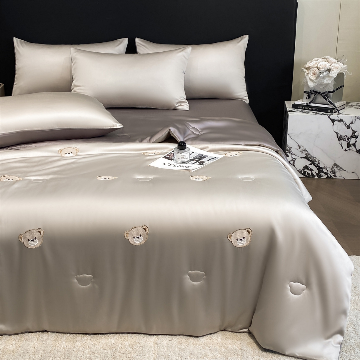 91家纺网 家纺一手货源 找家纺 无界 2026新款水洗真丝夏被-散点-贝尔 贝尔 冰川灰+中灰（小熊）