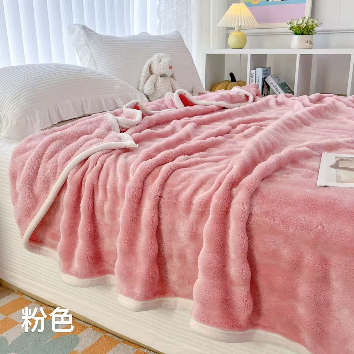 席匠 2026春夏新款纯色泡泡绒毯多功能盖毯 粉色