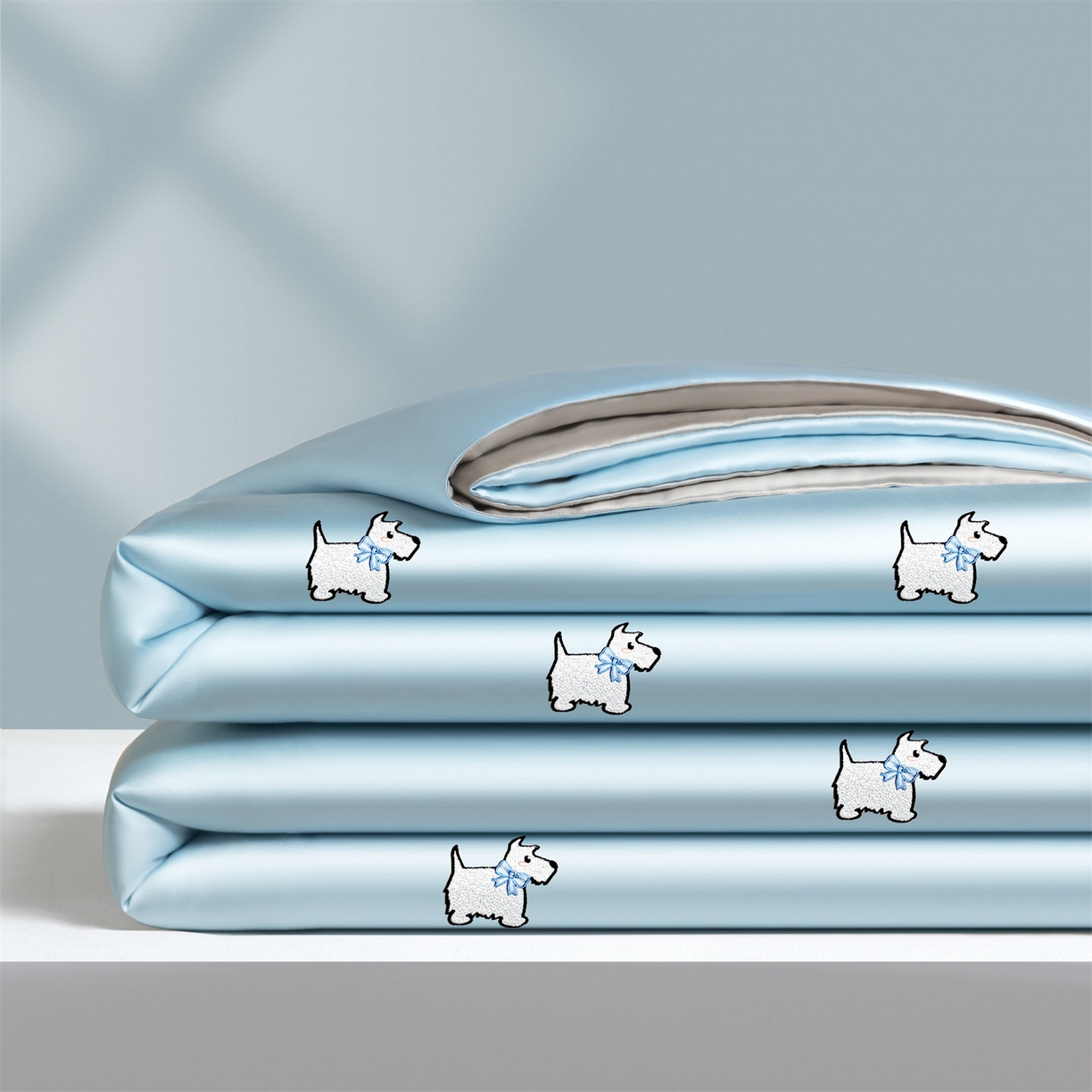 91家纺网 家纺一手货源 找家纺 无界 2026新款水洗真丝夏被-散点-贝尔 贝尔 淡海蓝+冰川灰（小狗）