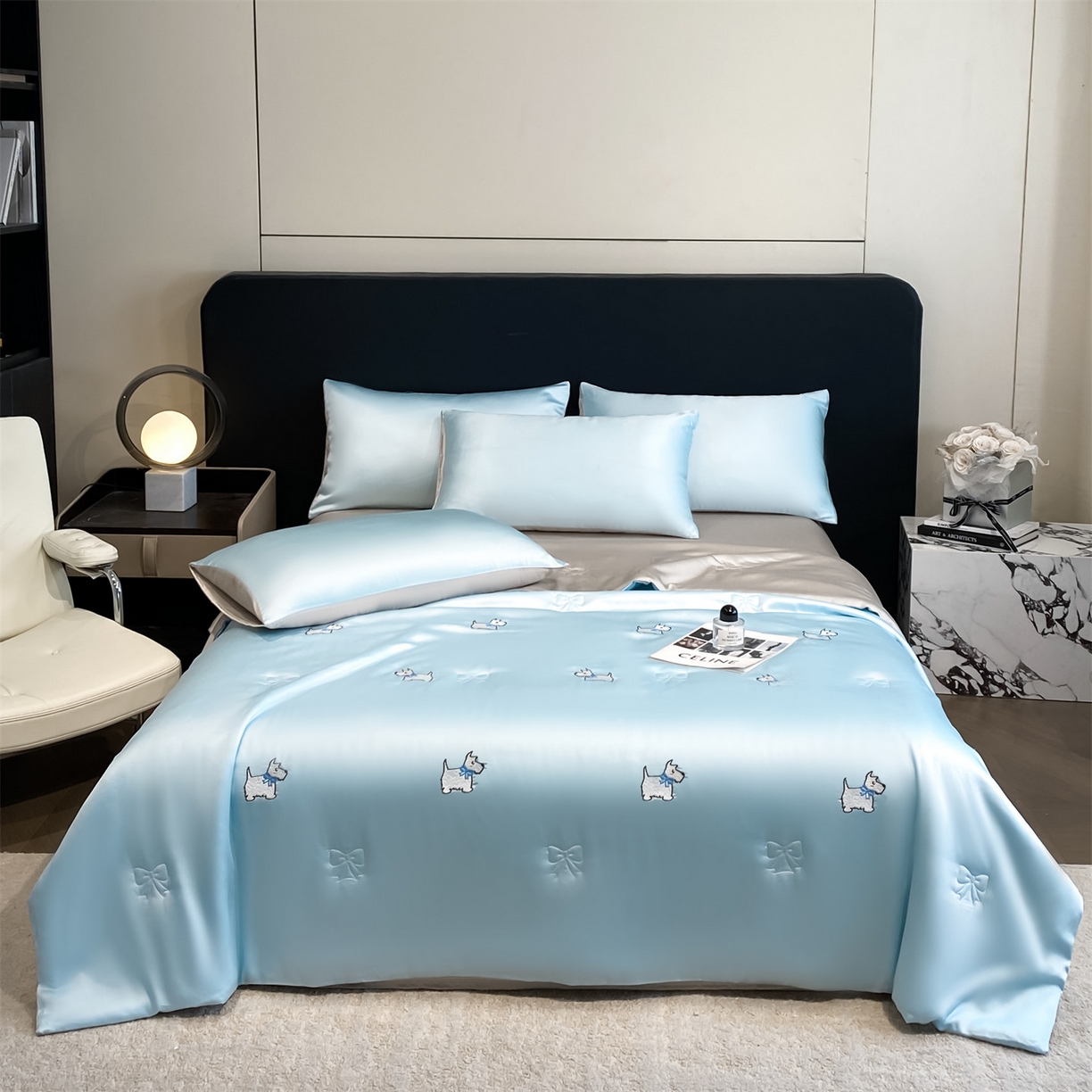 91家纺网 家纺一手货源 找家纺 无界 2026新款水洗真丝夏被-散点-贝尔 贝尔 淡海蓝+冰川灰（小狗）