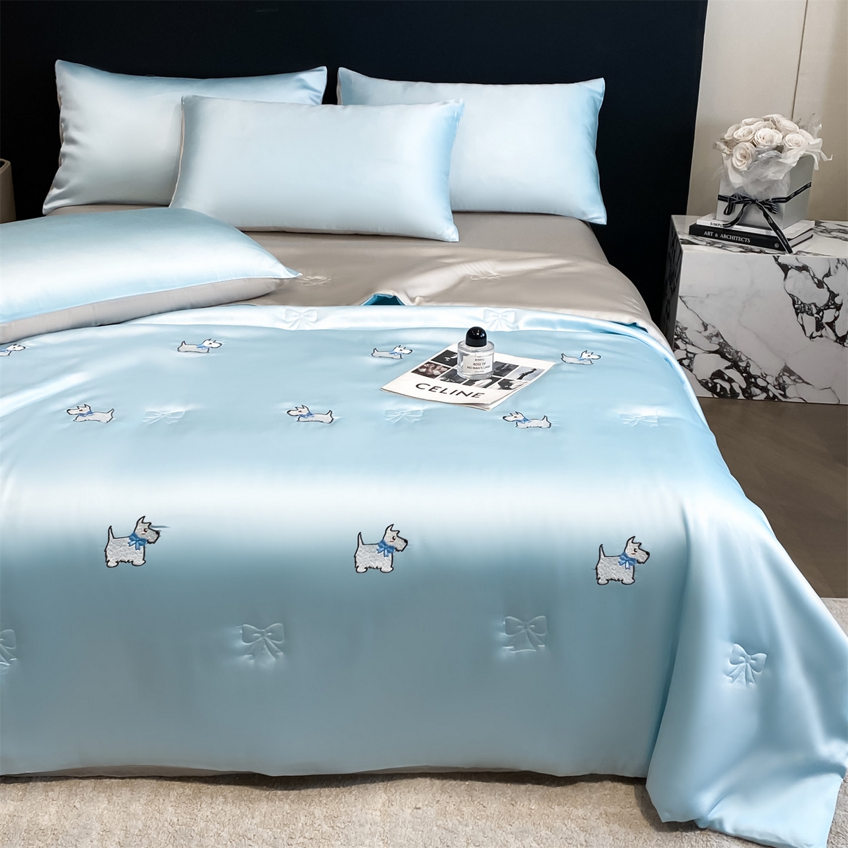 91家纺网 家纺一手货源 找家纺 无界 2026新款水洗真丝夏被-散点-贝尔 贝尔 淡海蓝+冰川灰（小狗）