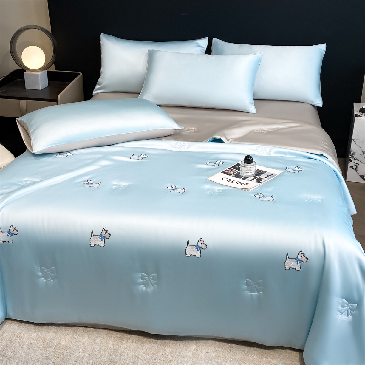 91家纺网 家纺一手货源 找家纺 无界 2026新款水洗真丝夏被-散点-贝尔 贝尔 淡海蓝+冰川灰（小狗）