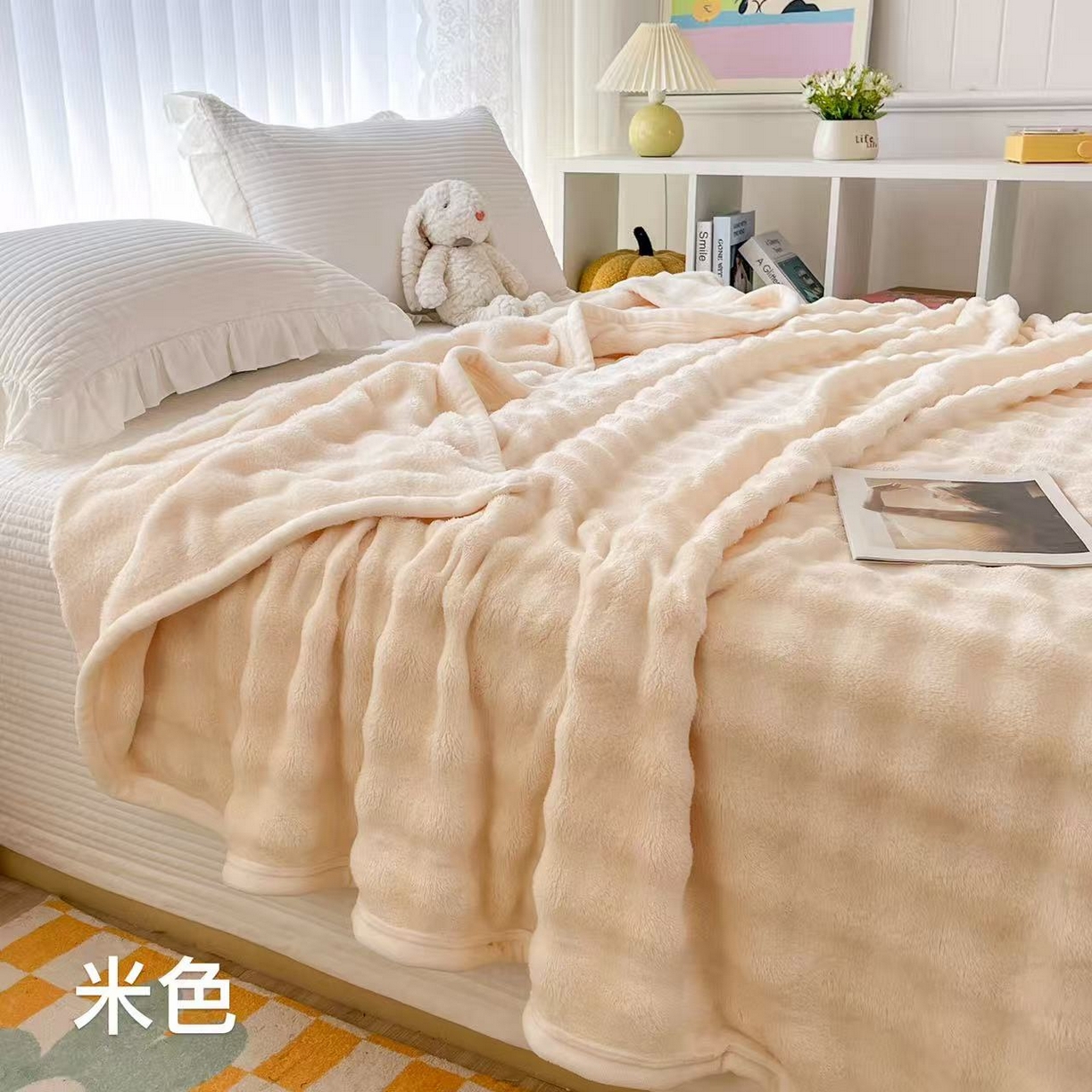 席匠 2026春夏新款纯色泡泡绒毯多功能盖毯 米色