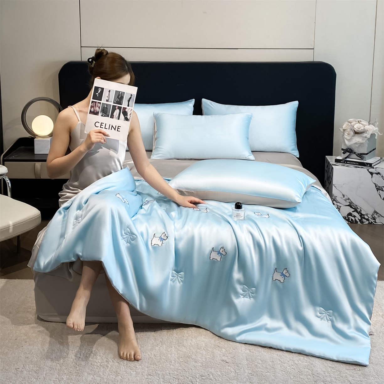 91家纺网 家纺一手货源 找家纺 无界 2026新款水洗真丝夏被-散点-贝尔 贝尔 淡海蓝+冰川灰（小狗）
