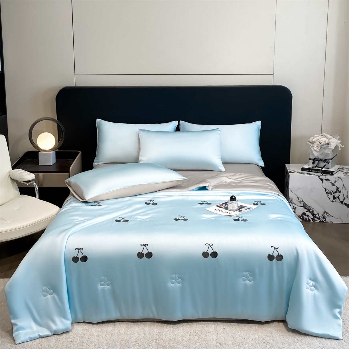 91家纺网 家纺一手货源 找家纺 无界 2026新款水洗真丝夏被-散点-贝尔 贝尔 淡海蓝+冰川灰（樱桃）