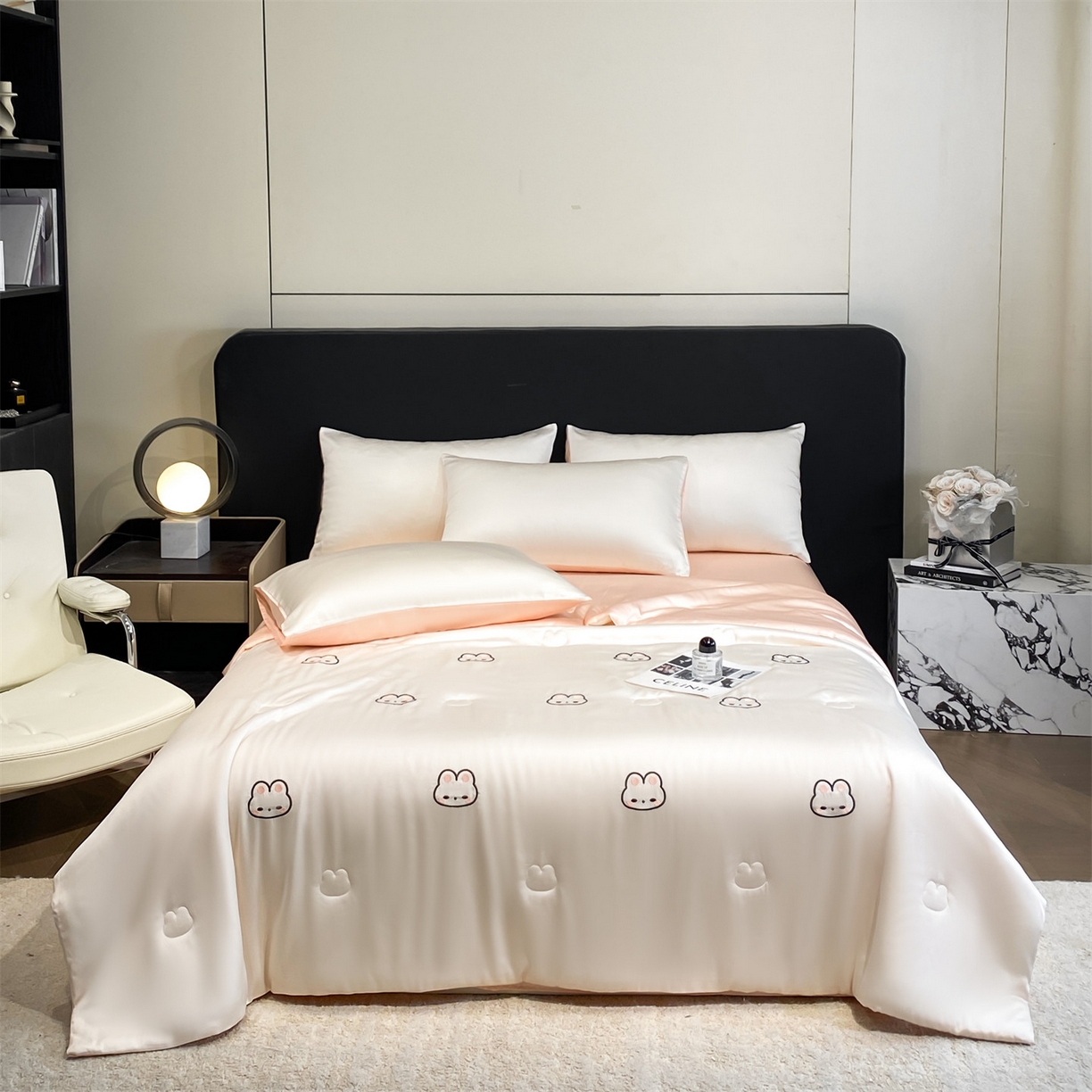 91家纺网 家纺一手货源 找家纺 无界 2026新款水洗真丝夏被-散点-贝尔 贝尔 元气白桃+半熟蜜桃（兔子）