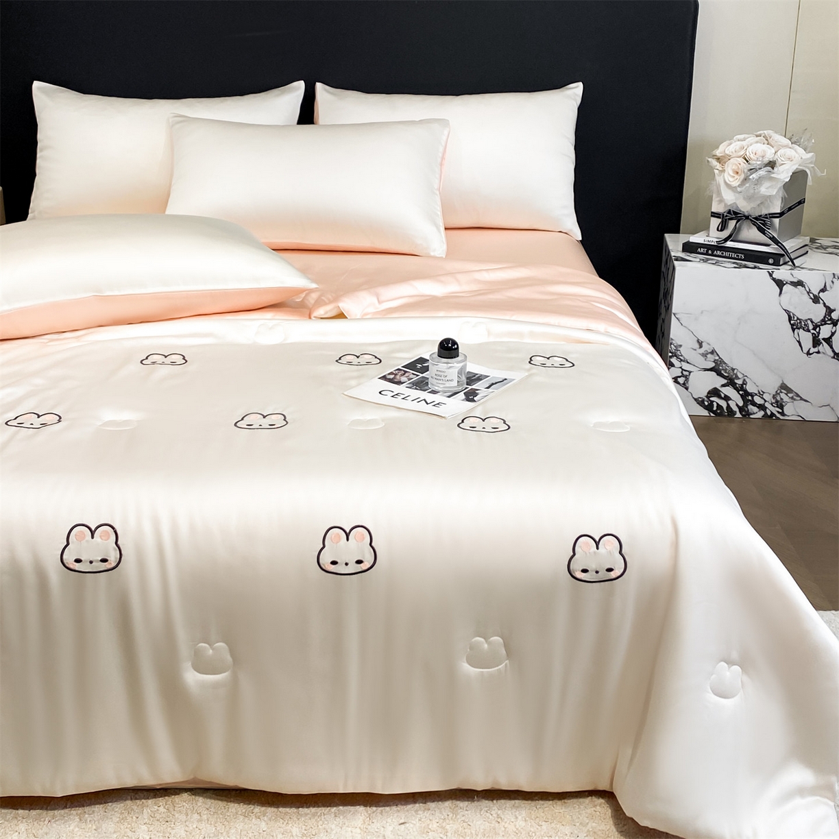 91家纺网 家纺一手货源 找家纺 无界 2026新款水洗真丝夏被-散点-贝尔 贝尔 元气白桃+半熟蜜桃（兔子）