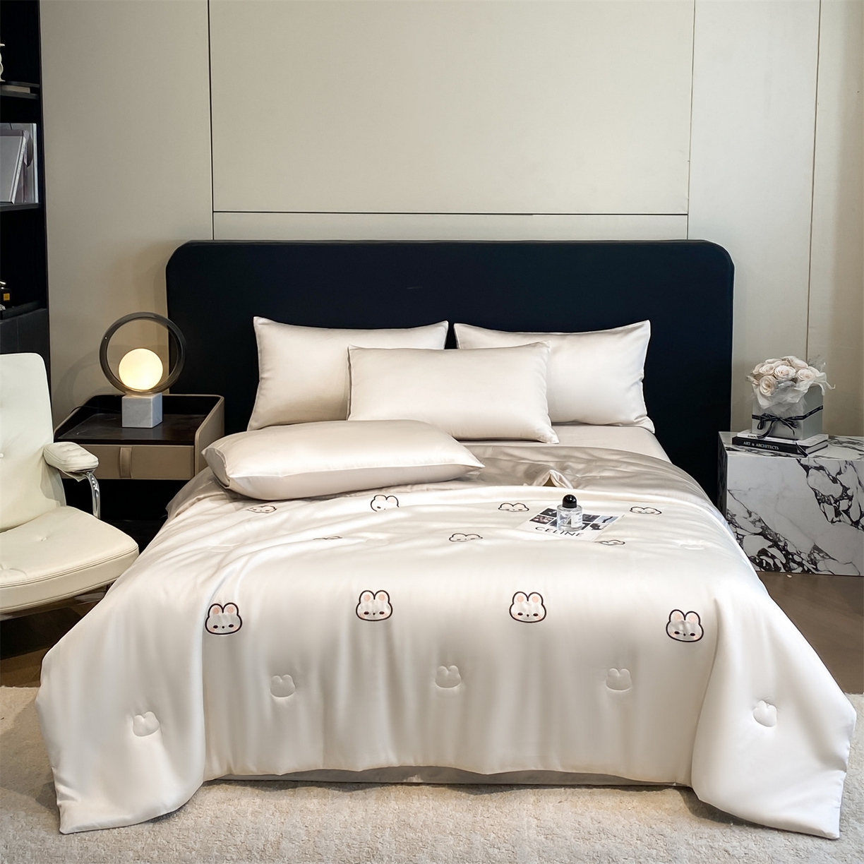 91家纺网 家纺一手货源 找家纺 无界 2026新款水洗真丝夏被-散点-贝尔 贝尔 元气白桃+冰川灰（兔子）