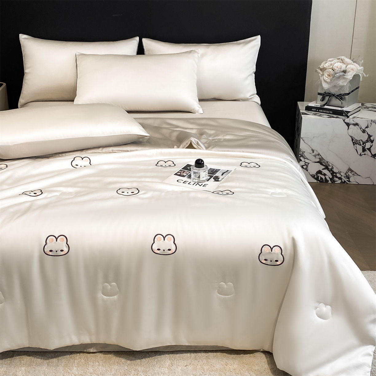 91家纺网 家纺一手货源 找家纺 无界 2026新款水洗真丝夏被-散点-贝尔 贝尔 元气白桃+冰川灰（兔子）