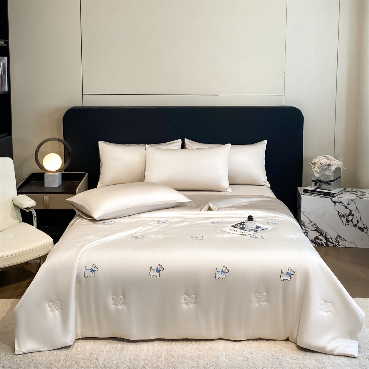 91家纺网 家纺一手货源 找家纺 无界 2026新款水洗真丝夏被-散点-贝尔 贝尔 元气白桃+冰川灰（小狗）