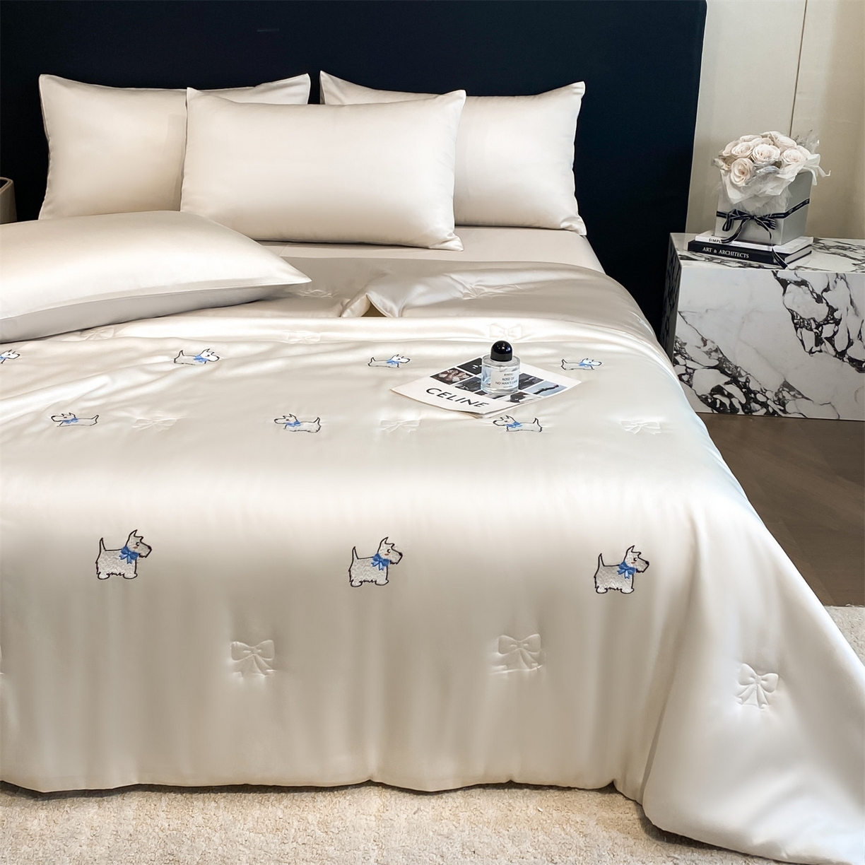 91家纺网 家纺一手货源 找家纺 无界 2026新款水洗真丝夏被-散点-贝尔 贝尔 元气白桃+冰川灰（小狗）