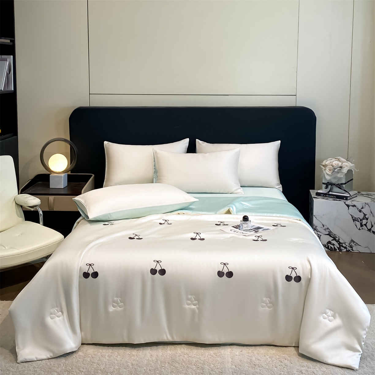 91家纺网 家纺一手货源 找家纺 无界 2026新款水洗真丝夏被-散点-贝尔 贝尔 元气白桃+风铃蓝（樱桃）