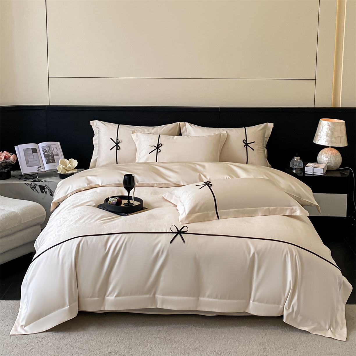 91家纺网 家纺一手货源 找家纺 （总）DC 2026新款天丝棉提花拼色织带款四件套--克拉拉系列