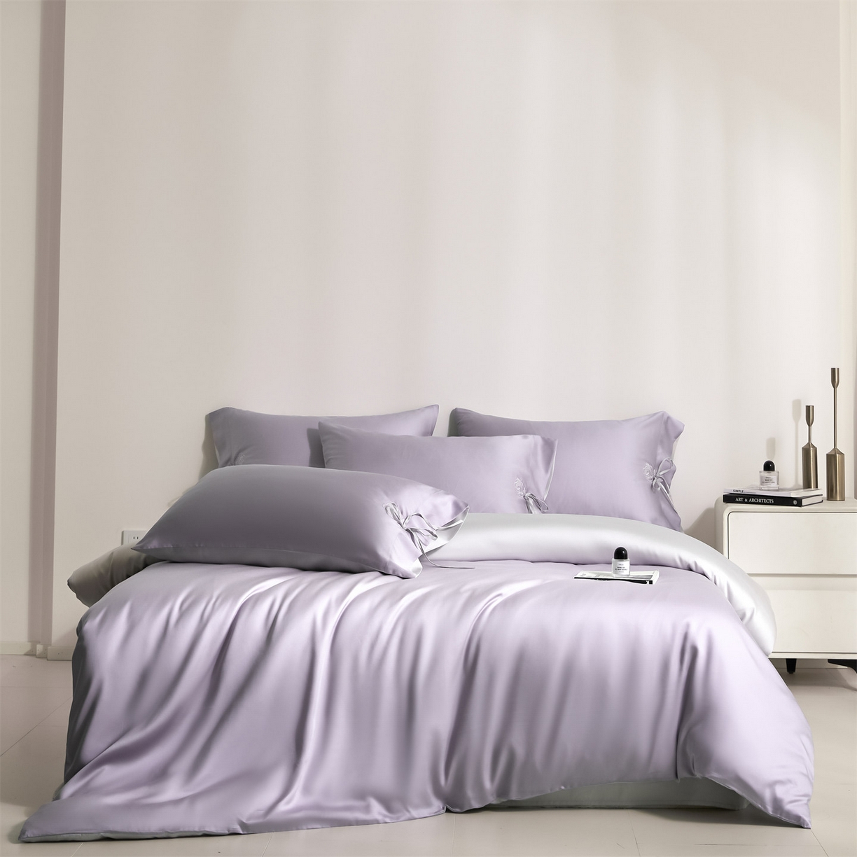 91家纺网 家纺一手货源 找家纺 DC 2026新款天丝玫瑰压线抽绳四件套--日落玫瑰系列 风信紫+流沙灰