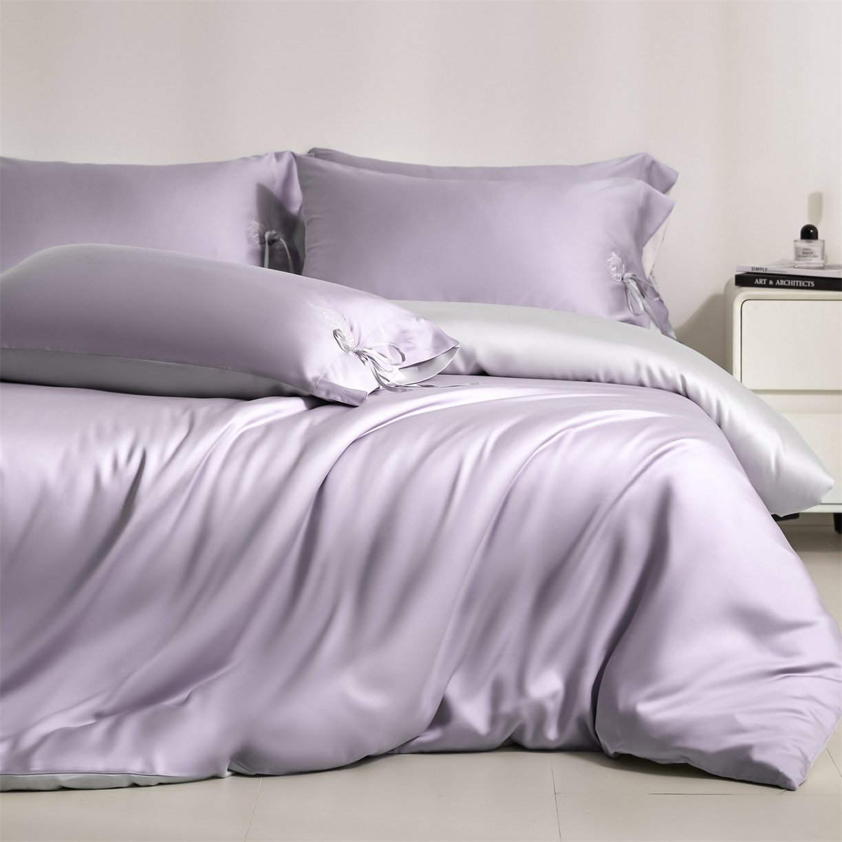 91家纺网 家纺一手货源 找家纺 DC 2026新款天丝玫瑰压线抽绳四件套--日落玫瑰系列 风信紫+流沙灰