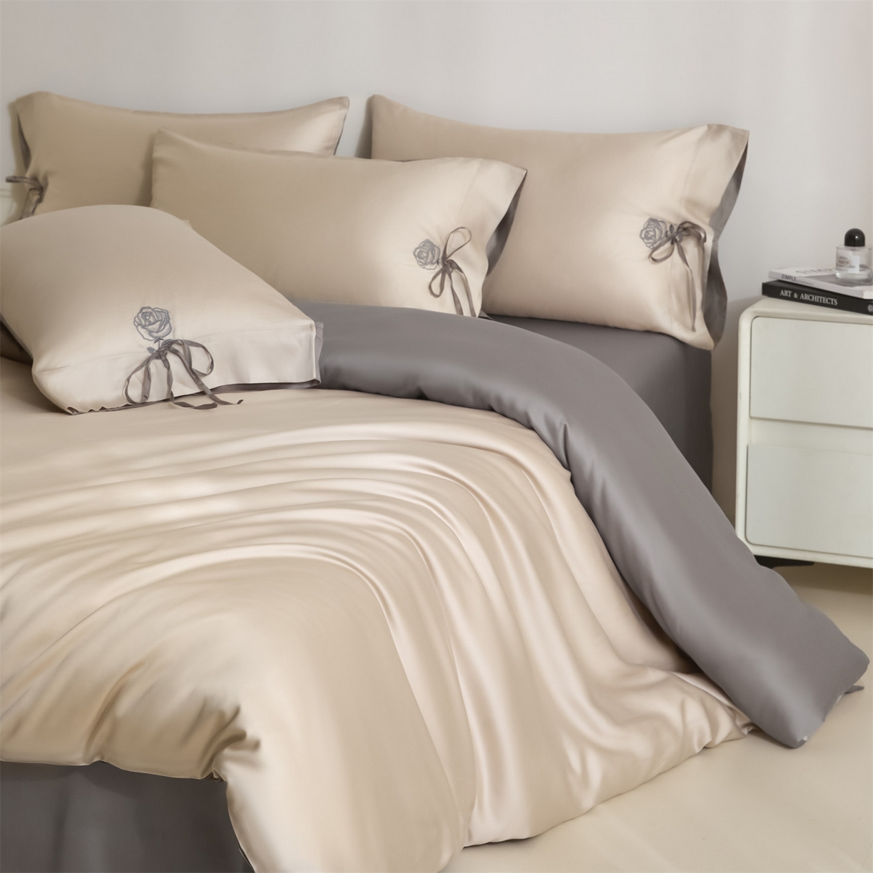 DC 2026新款天丝玫瑰压线抽绳四件套--日落玫瑰系列 日落玫瑰-浅茶+经典灰