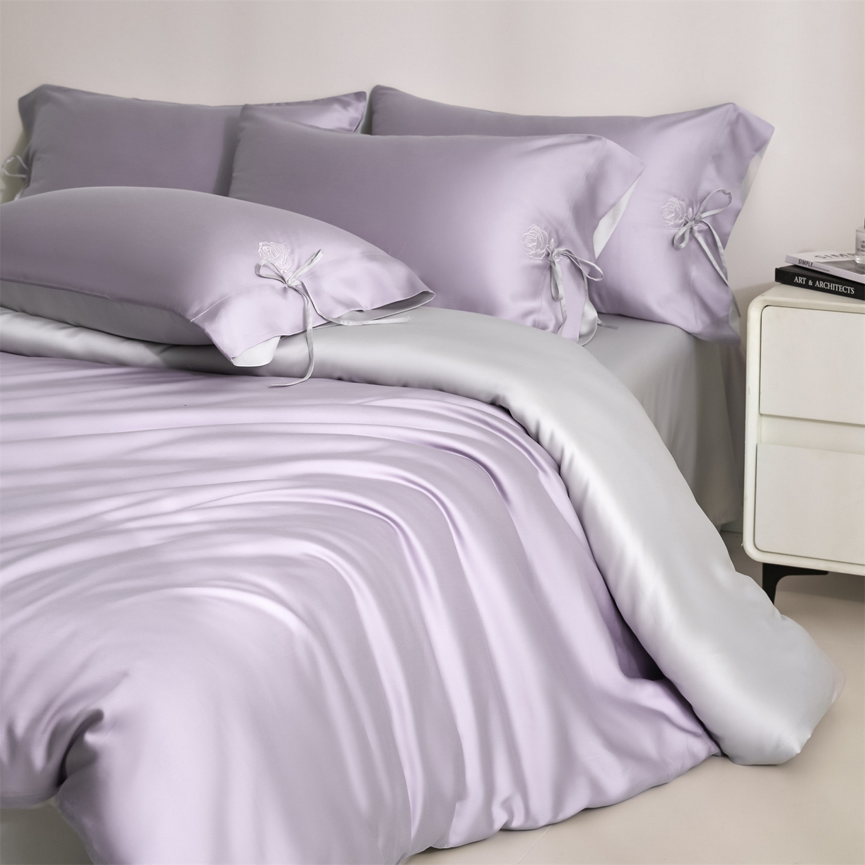 91家纺网 家纺一手货源 找家纺 DC 2026新款天丝玫瑰压线抽绳四件套--日落玫瑰系列 风信紫+流沙灰