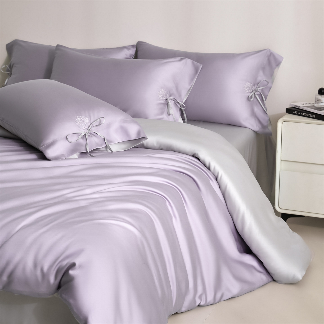 91家纺网 家纺一手货源 找家纺 DC 2026新款天丝玫瑰压线抽绳四件套--日落玫瑰系列 风信紫+流沙灰