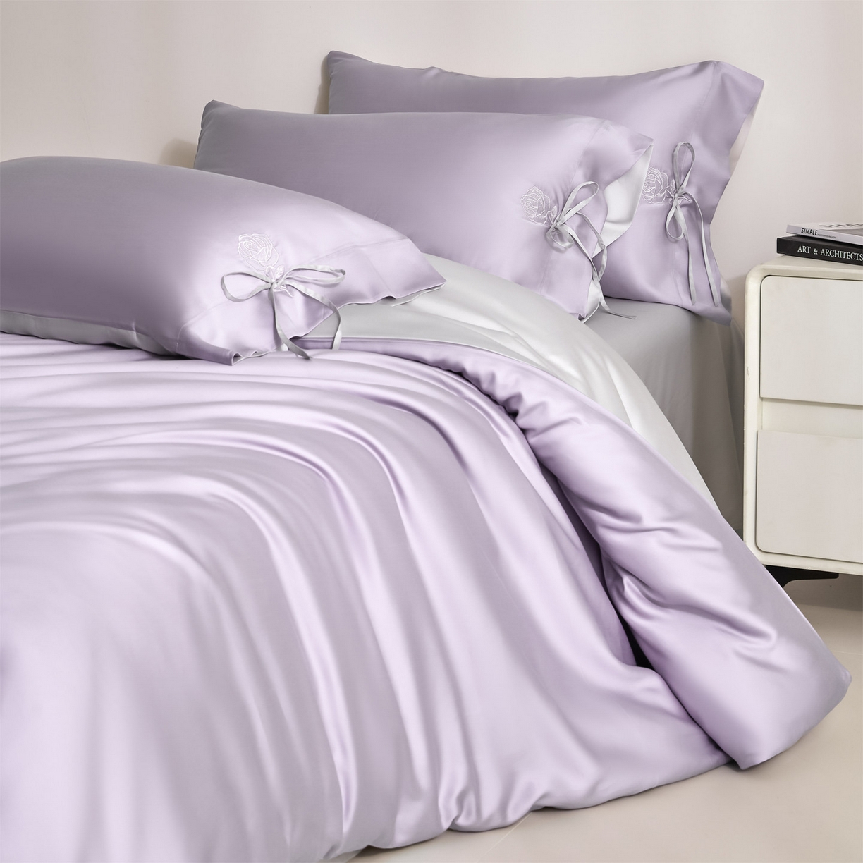 91家纺网 家纺一手货源 找家纺 DC 2026新款天丝玫瑰压线抽绳四件套--日落玫瑰系列 风信紫+流沙灰