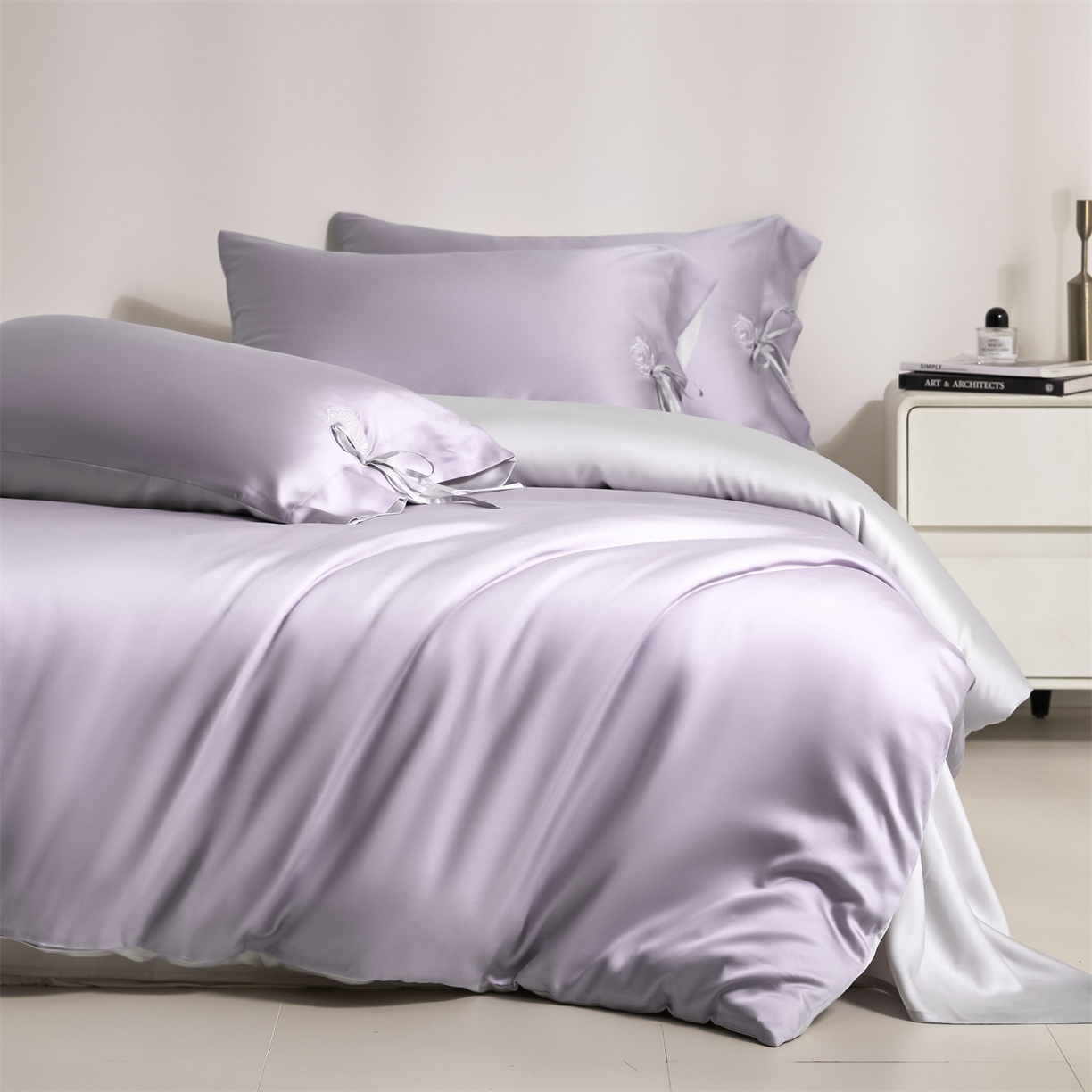 91家纺网 家纺一手货源 找家纺 DC 2026新款天丝玫瑰压线抽绳四件套--日落玫瑰系列 风信紫+流沙灰