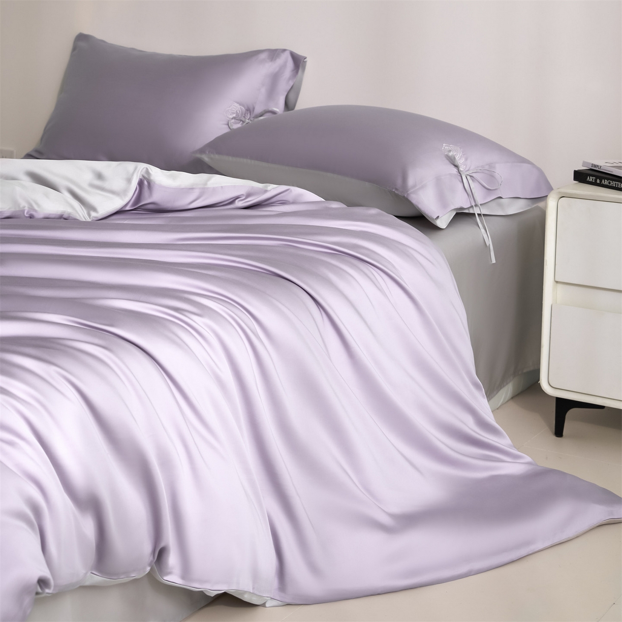 91家纺网 家纺一手货源 找家纺 DC 2026新款天丝玫瑰压线抽绳四件套--日落玫瑰系列 风信紫+流沙灰