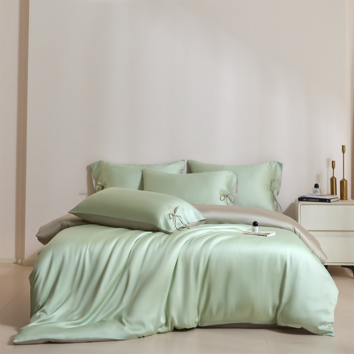 91家纺网 家纺一手货源 找家纺 DC 2026新款天丝玫瑰压线抽绳四件套--日落玫瑰系列 日落玫瑰-亚丁绿+冰川灰