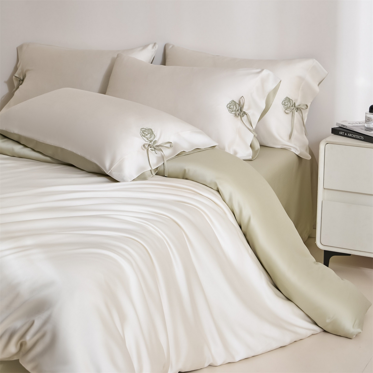 DC 2026新款天丝玫瑰压线抽绳四件套--日落玫瑰系列 日落玫瑰-元气白桃+桉树绿