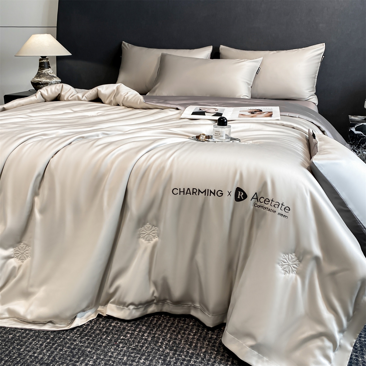 91家纺网 家纺一手货源 找家纺 无界 2026新款水洗真丝夏被-雪花绗缝压线-莱拉 莱拉 冰川灰+中灰