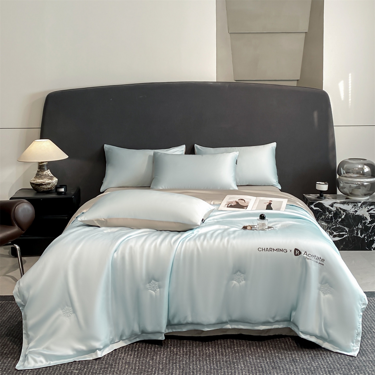 91家纺网 家纺一手货源 找家纺 无界 2026新款水洗真丝夏被-雪花绗缝压线-莱拉 莱拉 淡海蓝+冰川灰
