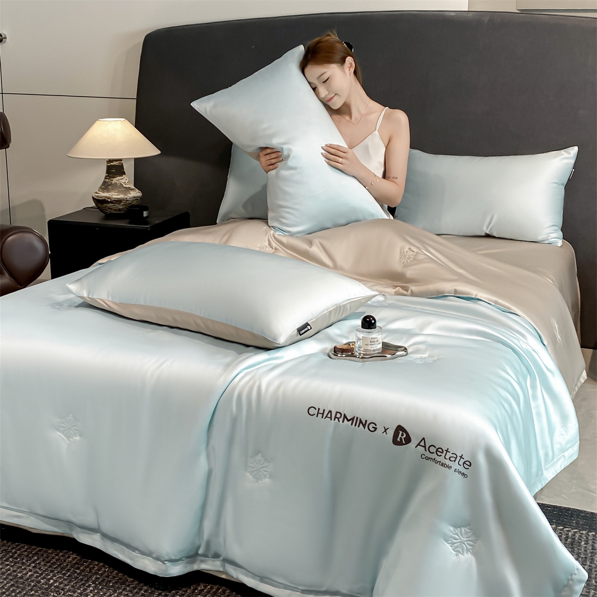 91家纺网 家纺一手货源 找家纺 无界 2026新款水洗真丝夏被-雪花绗缝压线-莱拉 莱拉 淡海蓝+冰川灰