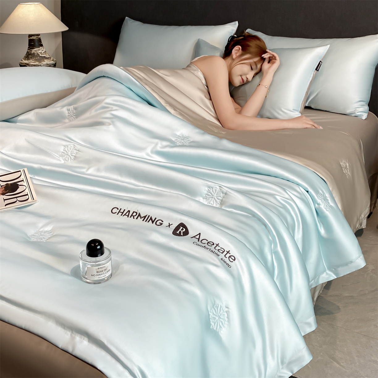 91家纺网 家纺一手货源 找家纺 无界 2026新款水洗真丝夏被-雪花绗缝压线-莱拉 莱拉 淡海蓝+冰川灰