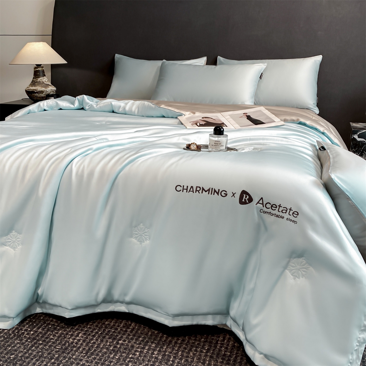 91家纺网 家纺一手货源 找家纺 无界 2026新款水洗真丝夏被-雪花绗缝压线-莱拉 莱拉 淡海蓝+冰川灰