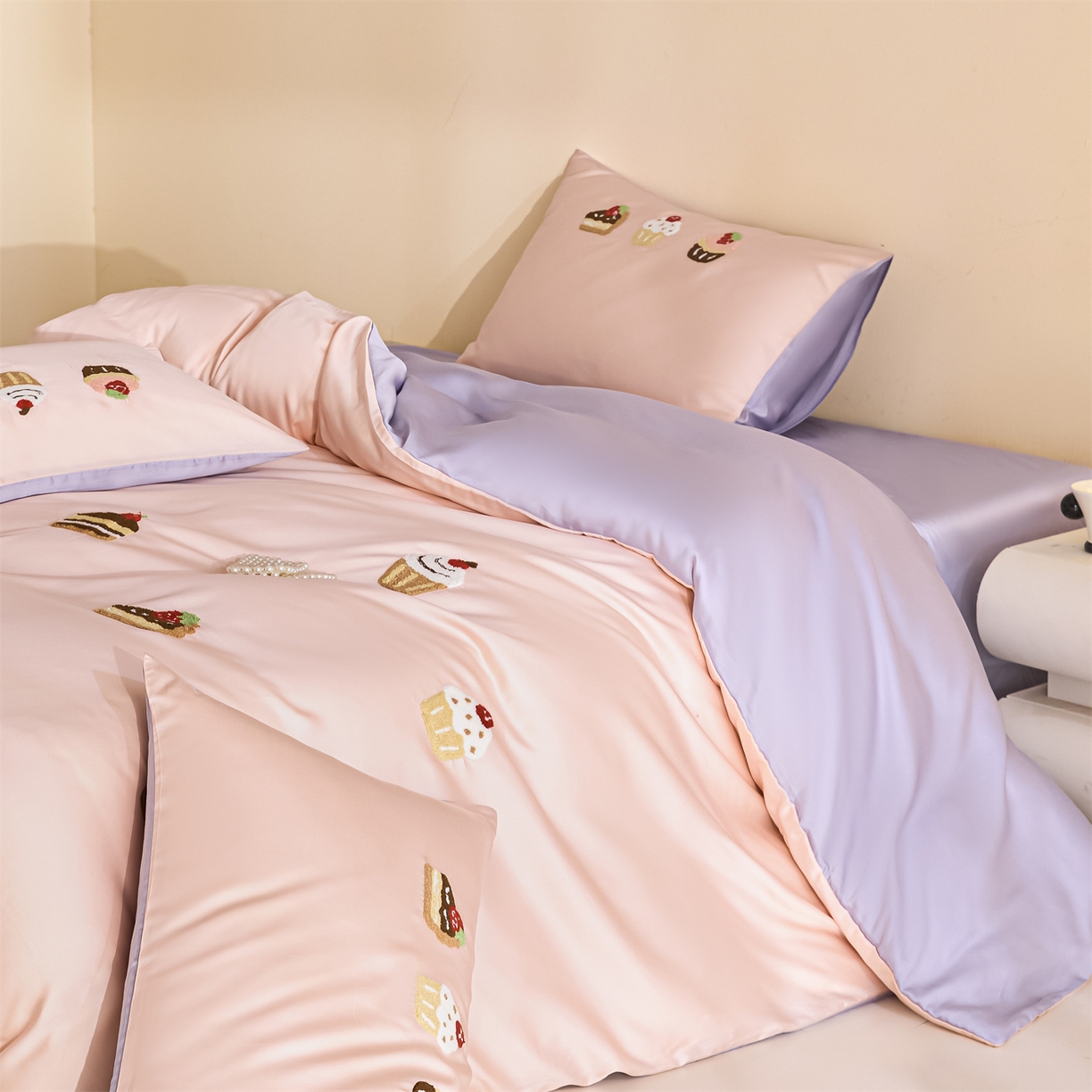 DC 2026新款天丝立体毛巾绣四件套 毛巾绣-半熟蜜桃+风信紫（丝绒蛋糕）