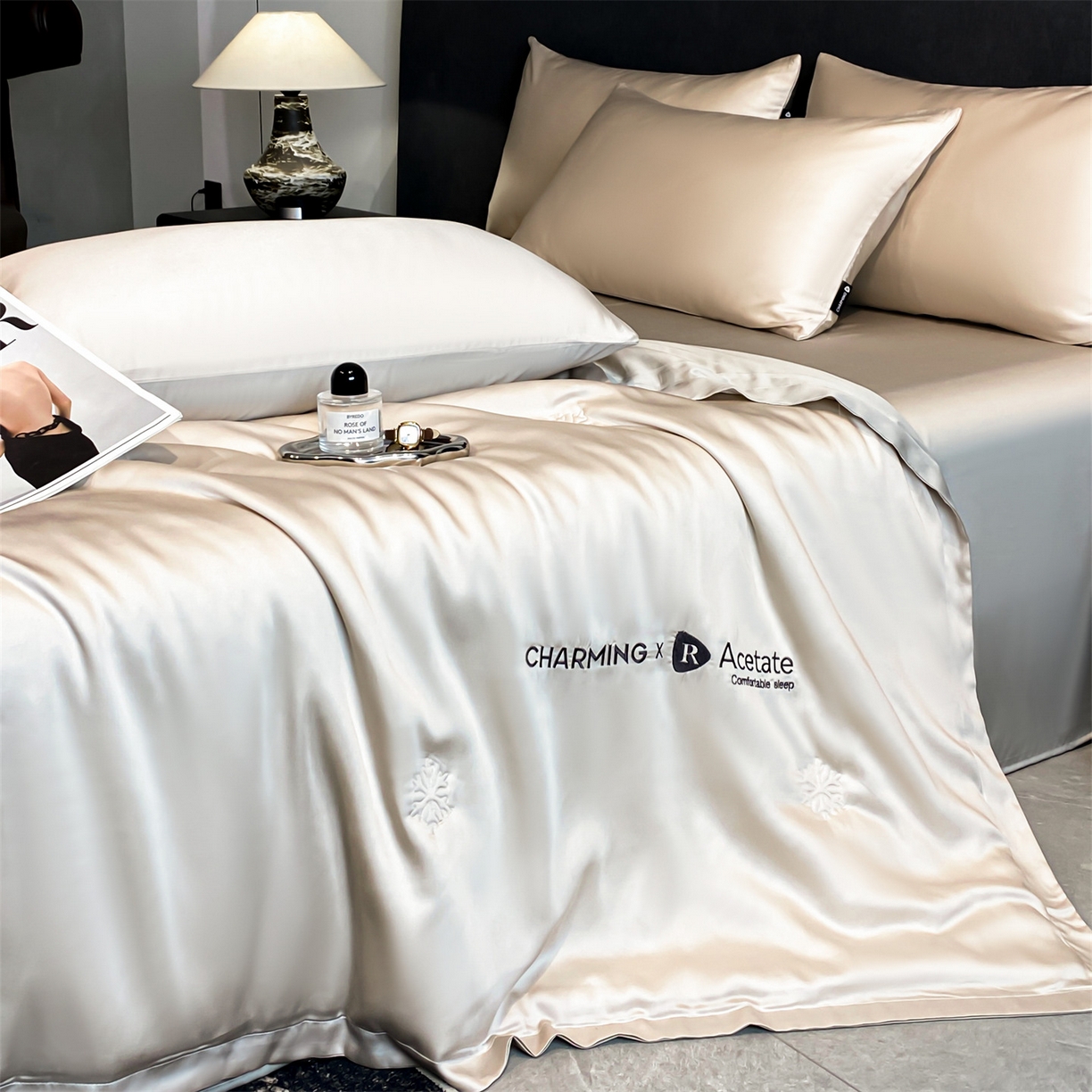 91家纺网 家纺一手货源 找家纺 无界 2026新款水洗真丝夏被-雪花绗缝压线-莱拉 莱拉 浅茶+冰川灰