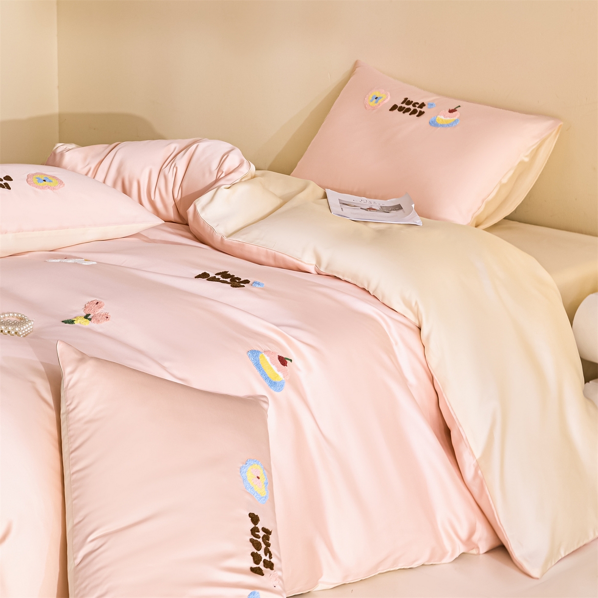 DC 2026新款天丝立体毛巾绣四件套 毛巾绣-半熟蜜桃+元气白桃（初夏小狗）