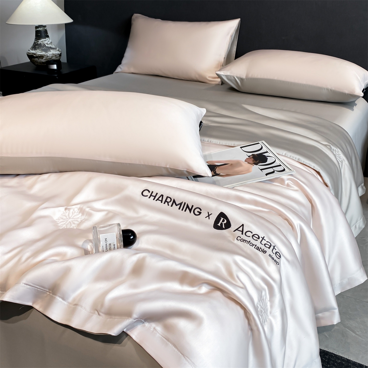 91家纺网 家纺一手货源 找家纺 无界 2026新款水洗真丝夏被-雪花绗缝压线-莱拉 莱拉 素粉+冰川灰