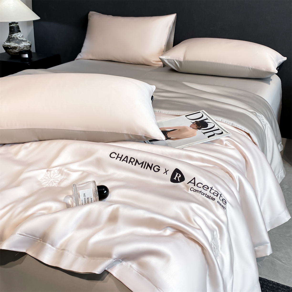 91家纺网 家纺一手货源 找家纺 无界 2026新款水洗真丝夏被-雪花绗缝压线-莱拉 莱拉 素粉+冰川灰