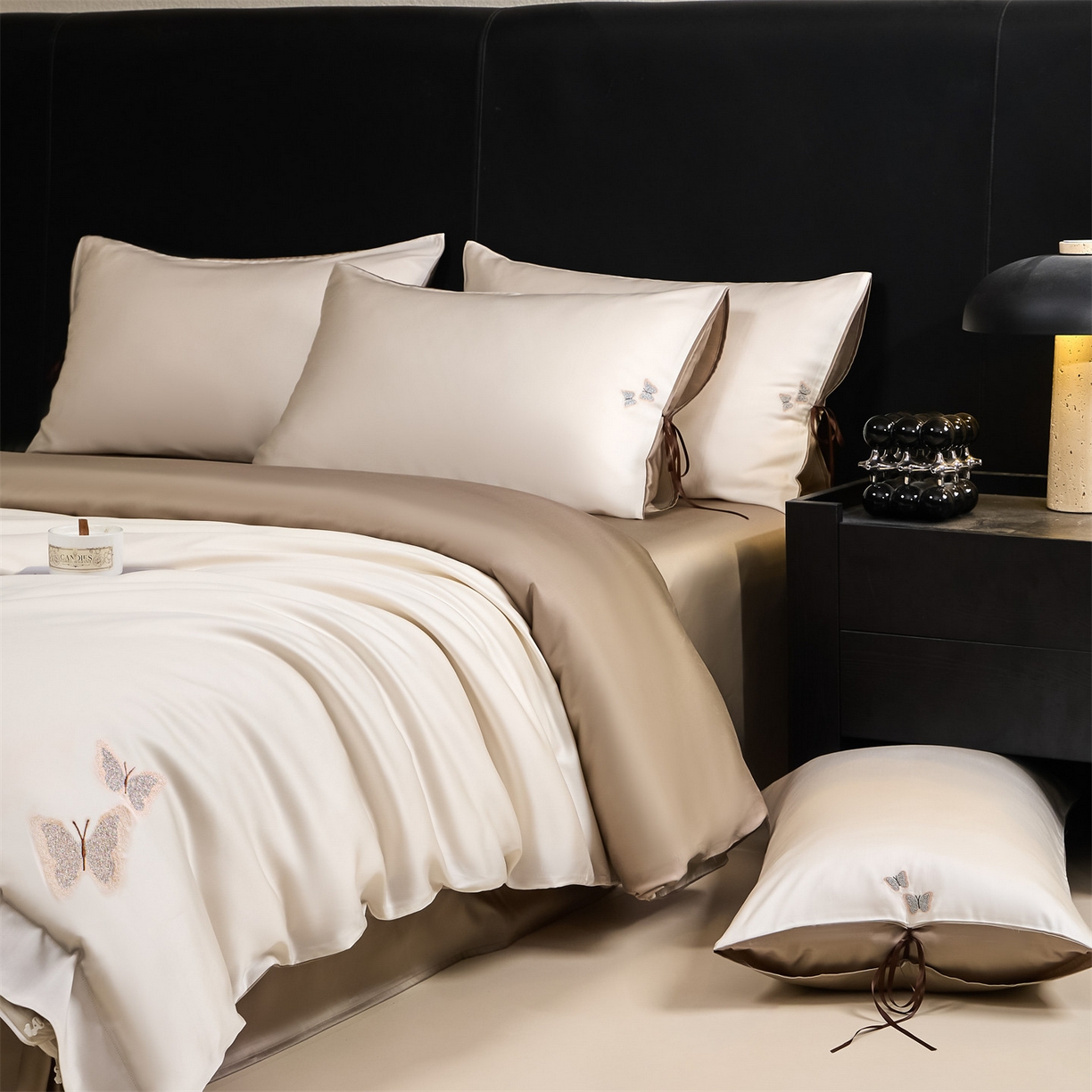 91家纺网 家纺一手货源 找家纺 DC 2026新款天丝单边蝴蝶织带四件套--蝶音系列 蝶音-元气白桃+麦肤色