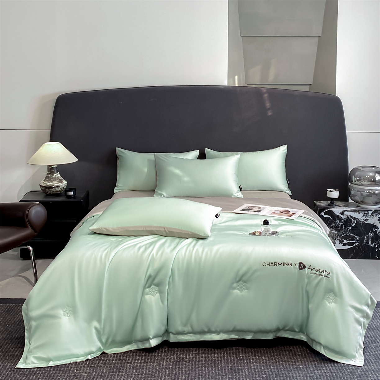 91家纺网 家纺一手货源 找家纺 无界 2026新款水洗真丝夏被-雪花绗缝压线-莱拉 莱拉 亚丁绿+冰川灰