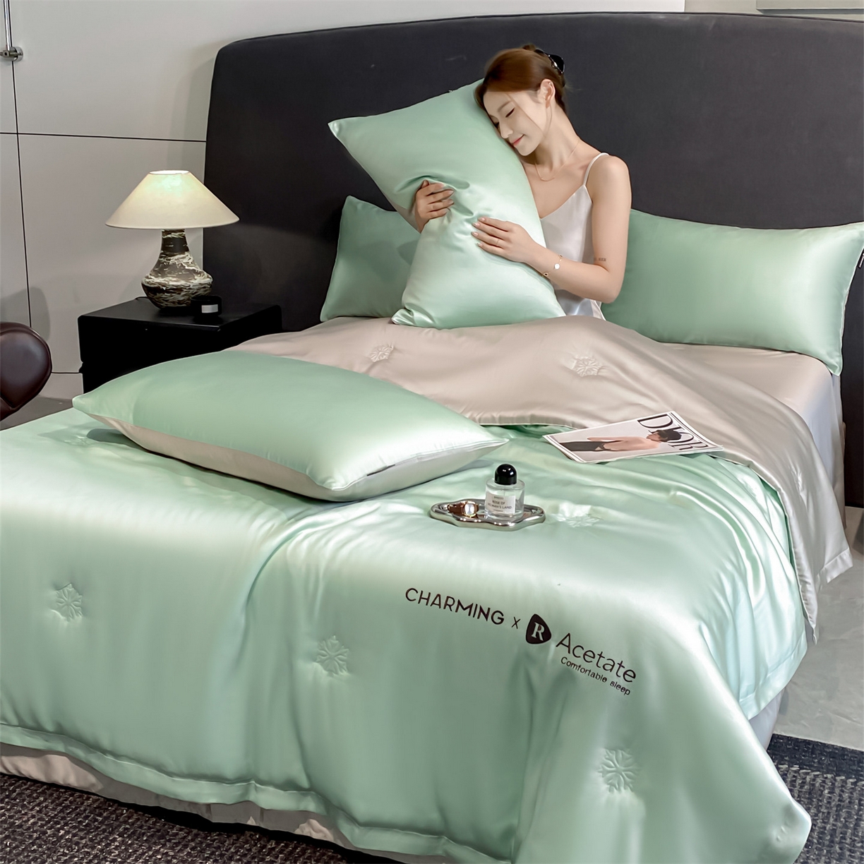 91家纺网 家纺一手货源 找家纺 无界 2026新款水洗真丝夏被-雪花绗缝压线-莱拉 莱拉 亚丁绿+冰川灰